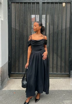 Draped Off Shoulder Corset Midi Dress