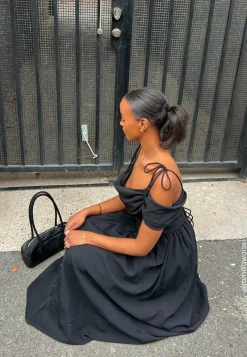 Draped Off Shoulder Corset Midi Dress