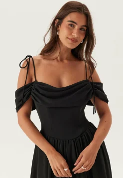 Draped Off Shoulder Corset Midi Dress