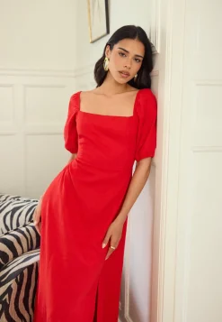 Puff Sleeve Linen Blend Dress
