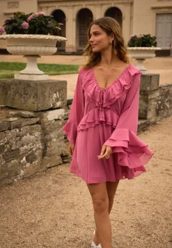 Trumpet Sleeve Frill Short Dress